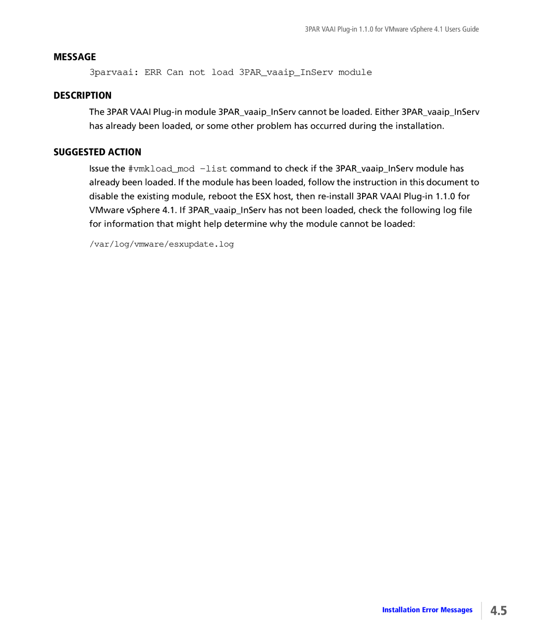 HP Solutions for vSphere Software E-Media Kit manual 3parvaai ERR Can not load 3PARvaaipInServ module 