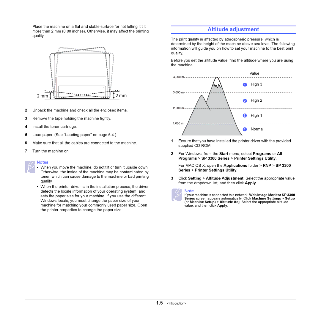 HP SP 3300 manual Altitude adjustment 