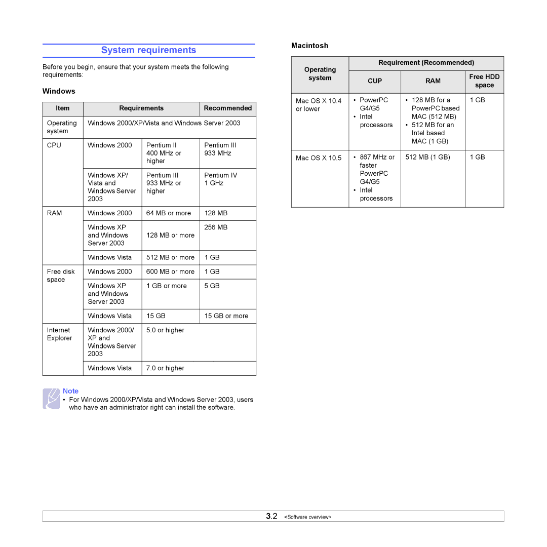 HP SP 3300 manual System requirements, Windows, Macintosh 