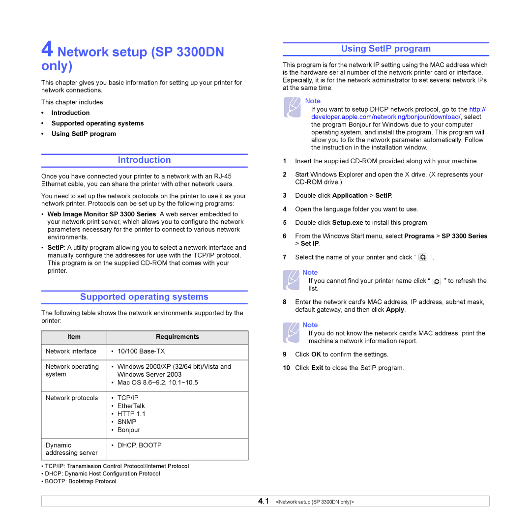 HP manual Network setup SP 3300DN only, Using SetIP program, Supported operating systems, Requirements 