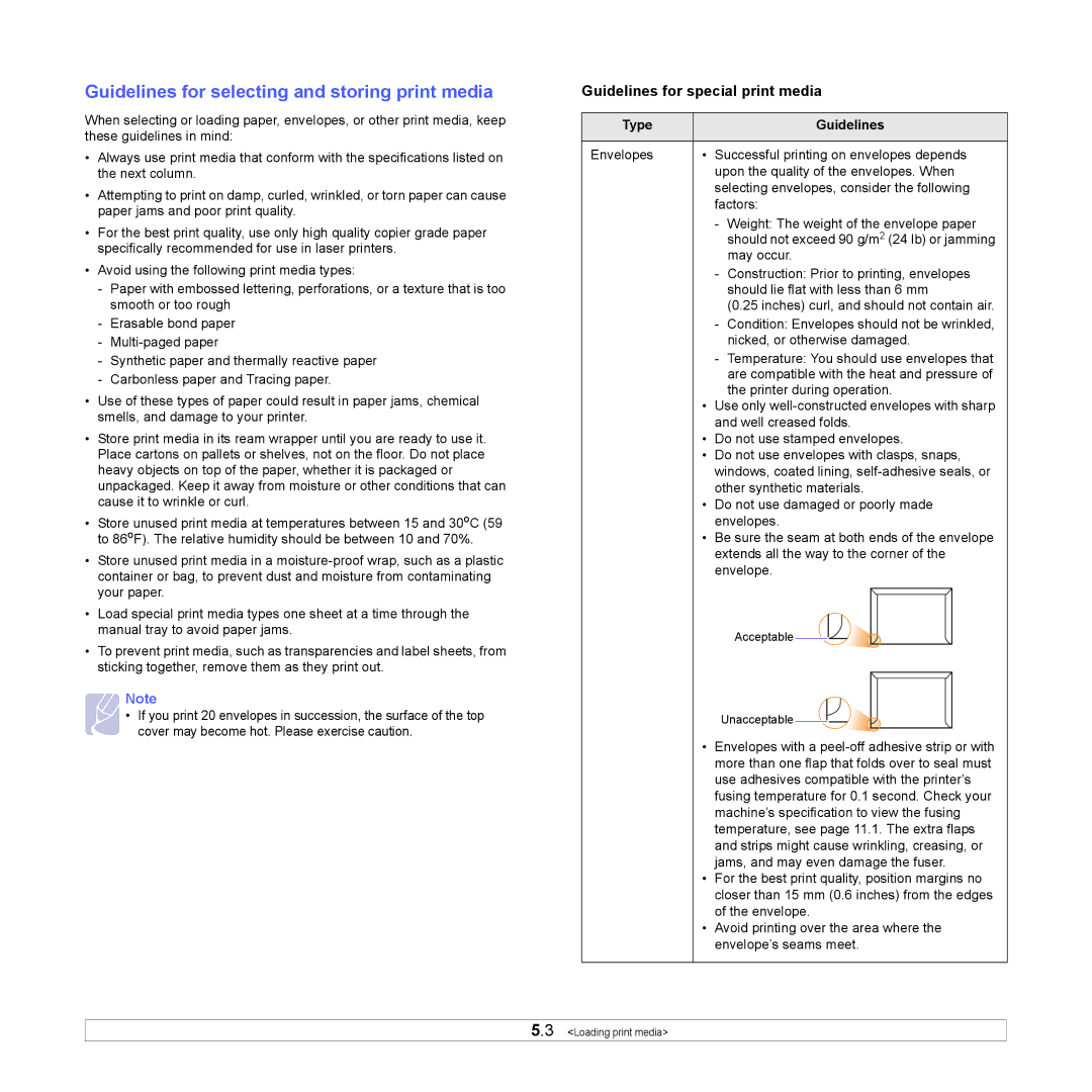 HP SP 3300 manual Guidelines for selecting and storing print media, Guidelines for special print media, Type Guidelines 