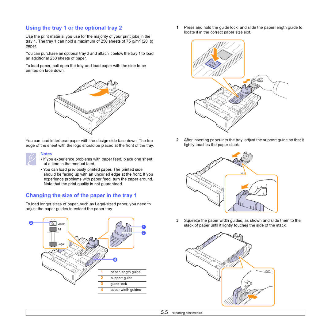 HP SP 3300 manual Using the tray 1 or the optional tray, Changing the size of the paper in the tray 