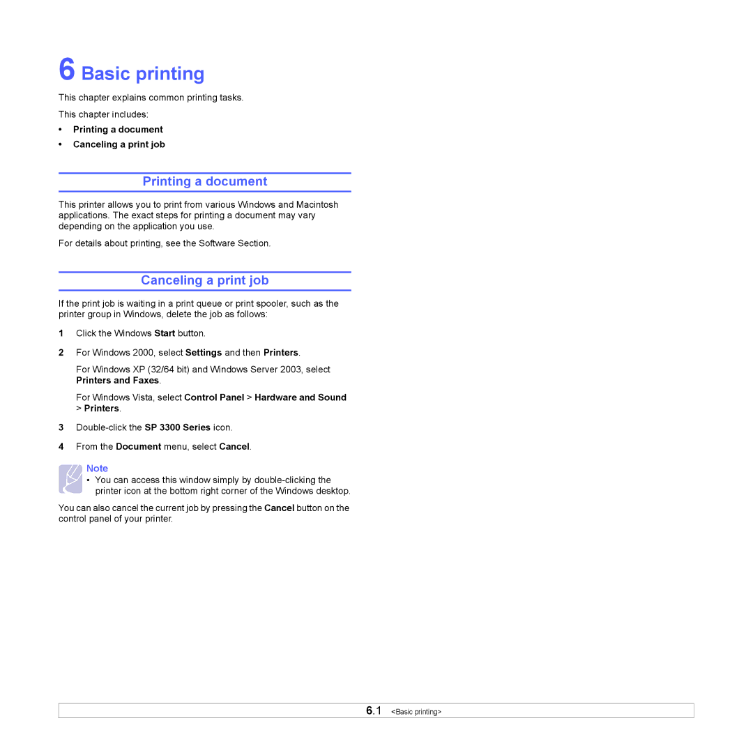 HP SP 3300 manual Basic printing, Printing a document Canceling a print job 