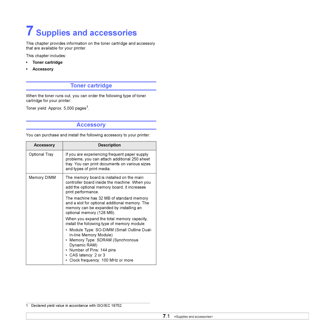 HP SP 3300 manual Supplies and accessories, Toner cartridge Accessory, Accessory Description 