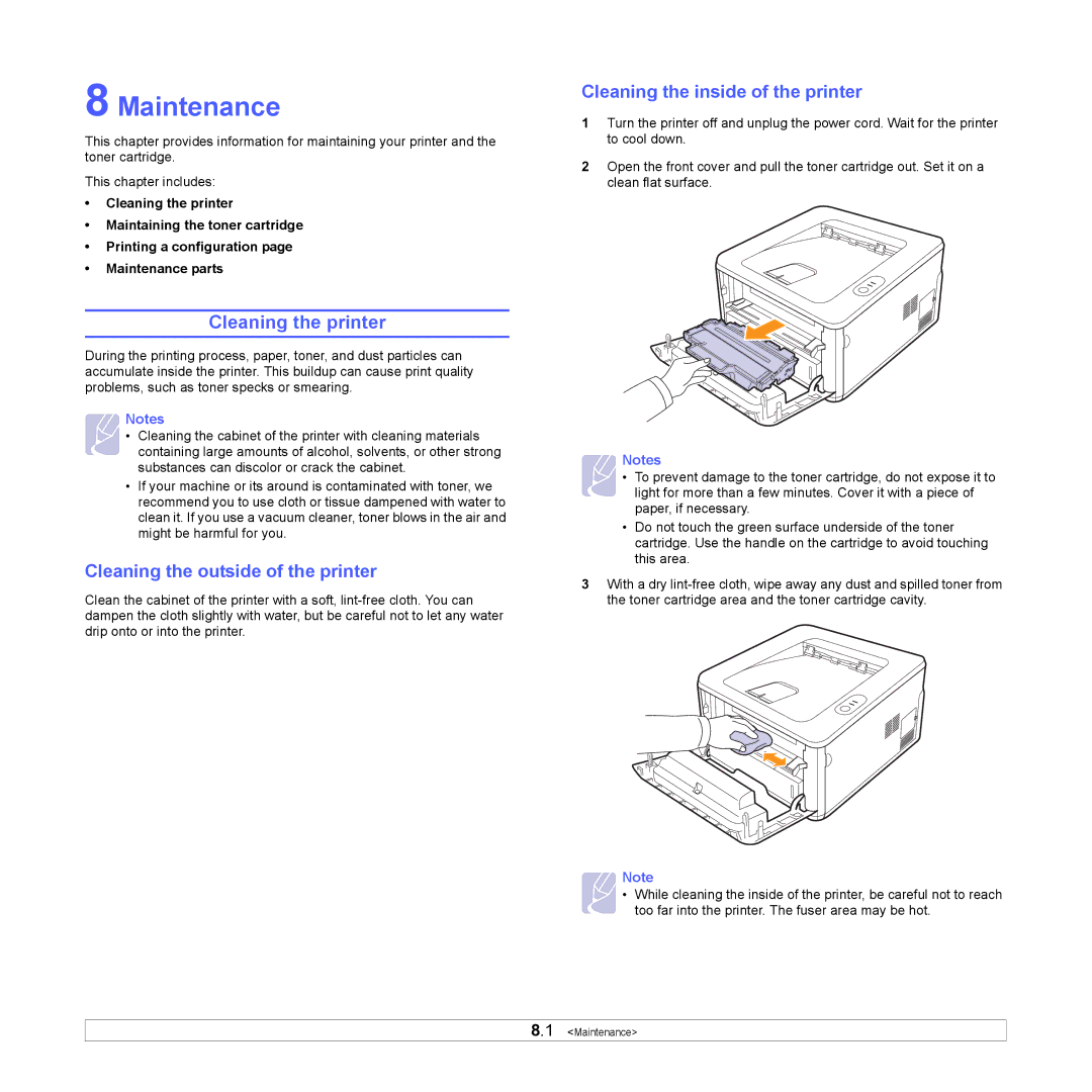 HP SP 3300 Maintenance, Cleaning the printer, Cleaning the outside of the printer, Cleaning the inside of the printer 