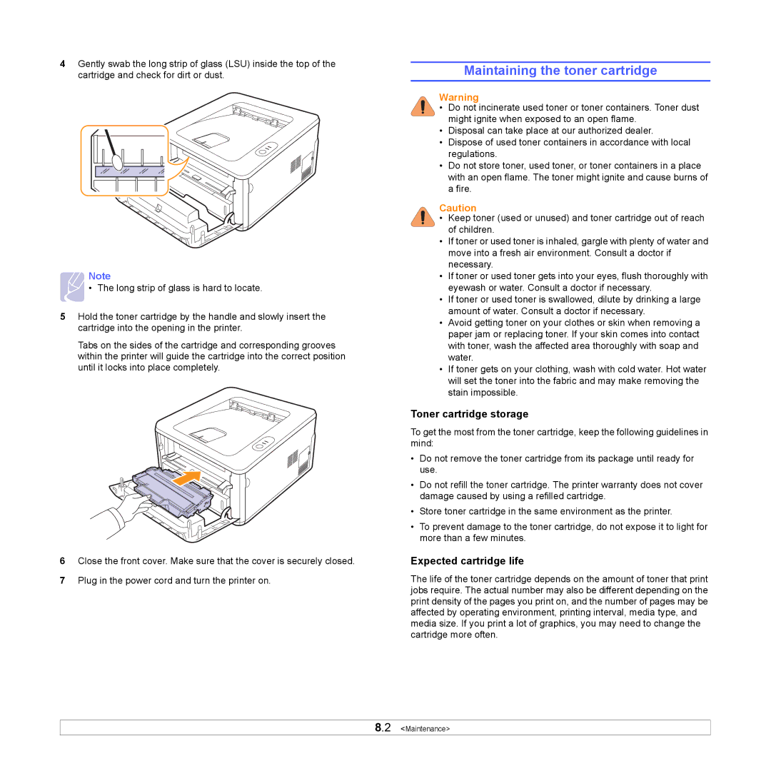 HP SP 3300 manual Maintaining the toner cartridge, Toner cartridge storage, Expected cartridge life 