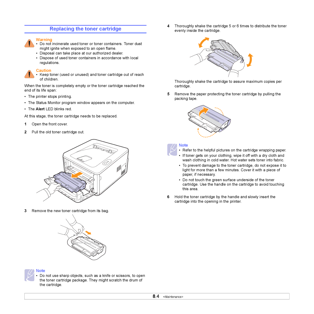 HP SP 3300 manual Replacing the toner cartridge 