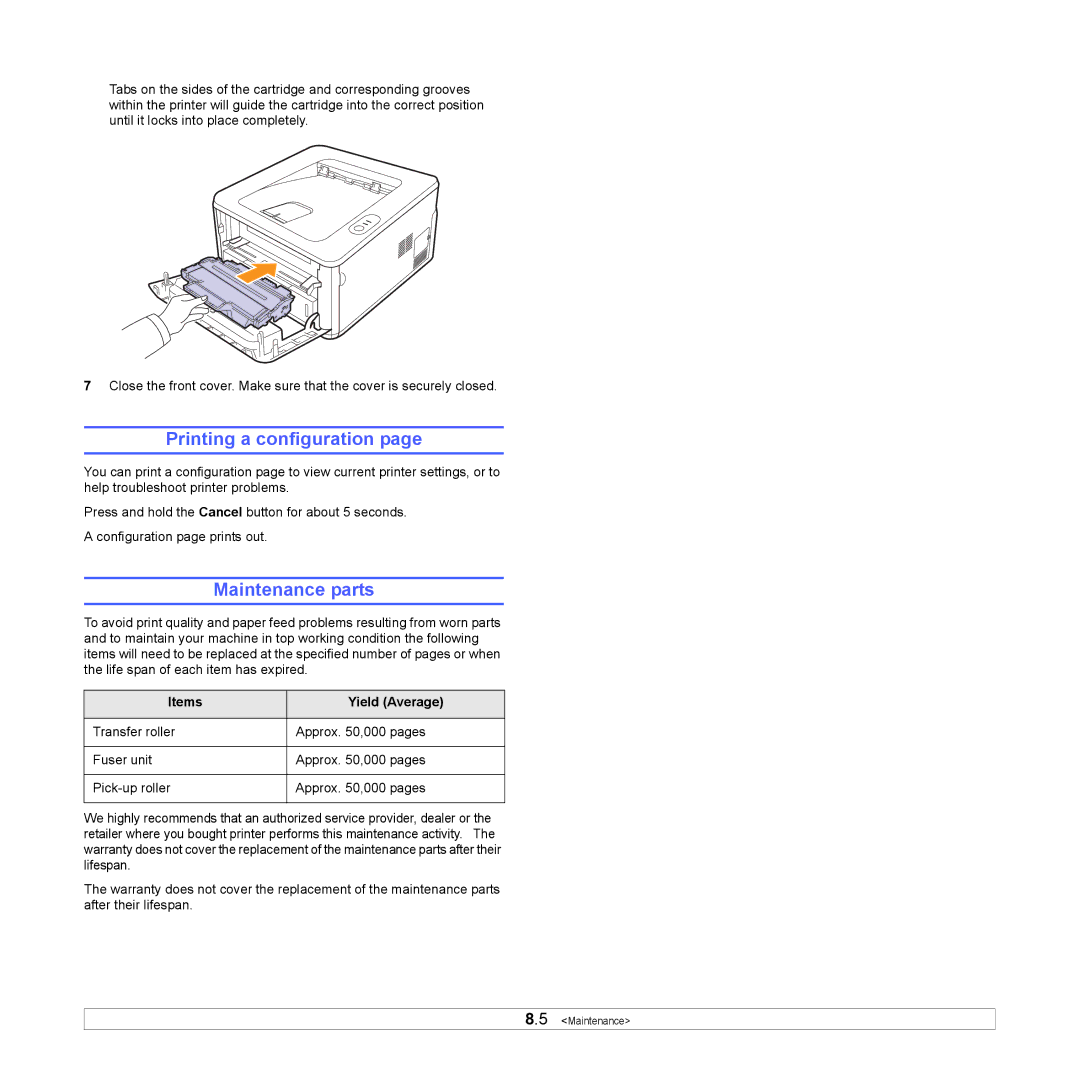 HP SP 3300 manual Printing a configuration, Maintenance parts, Items Yield Average 