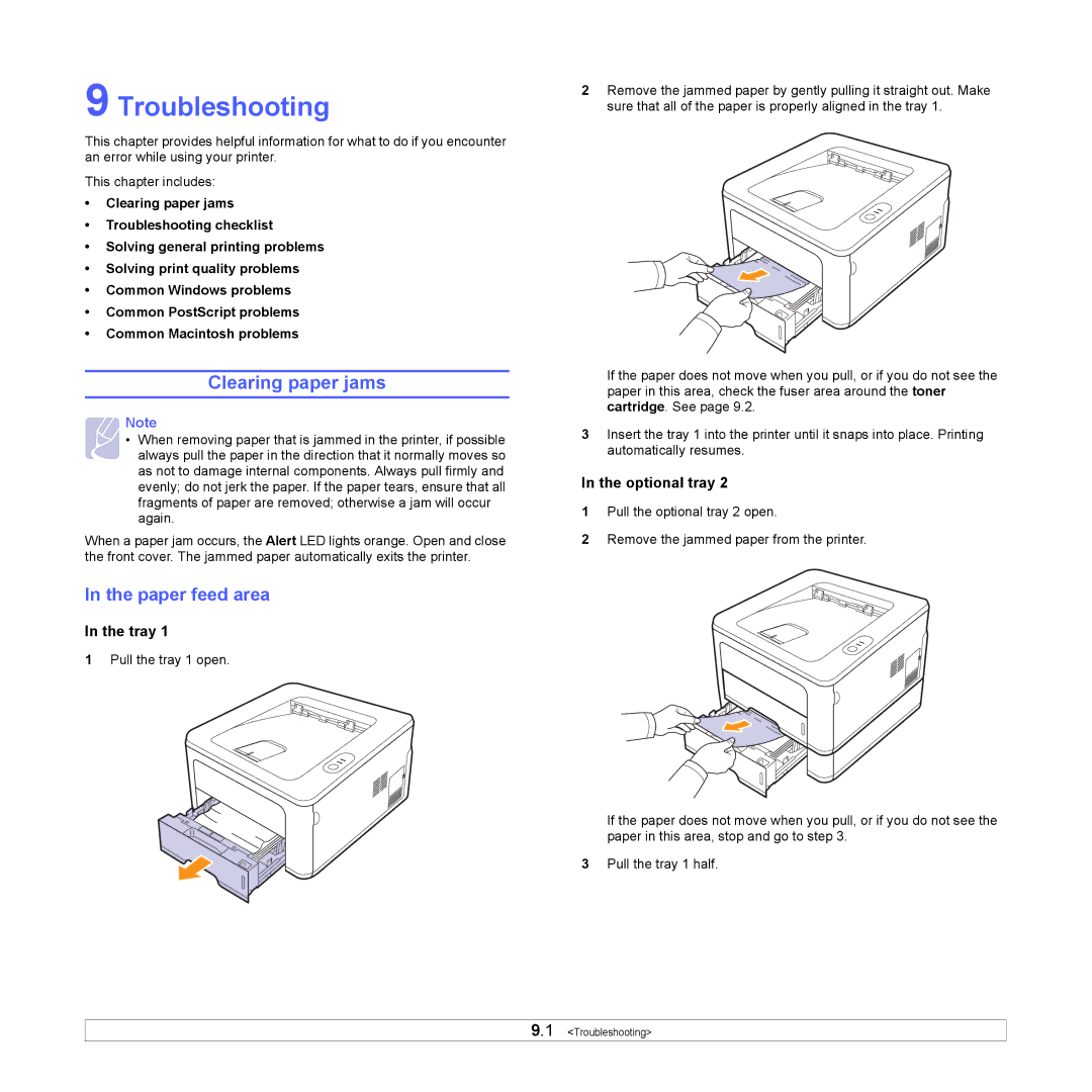 HP SP 3300 manual Troubleshooting, Clearing paper jams, Paper feed area, Tray, Optional tray 