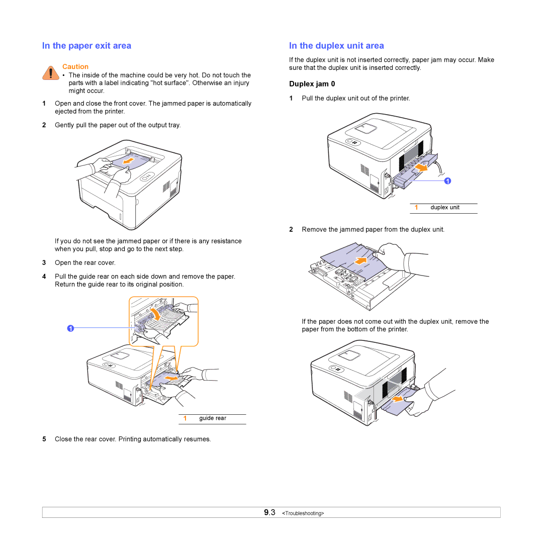 HP SP 3300 manual Paper exit area, Duplex unit area, Duplex jam 