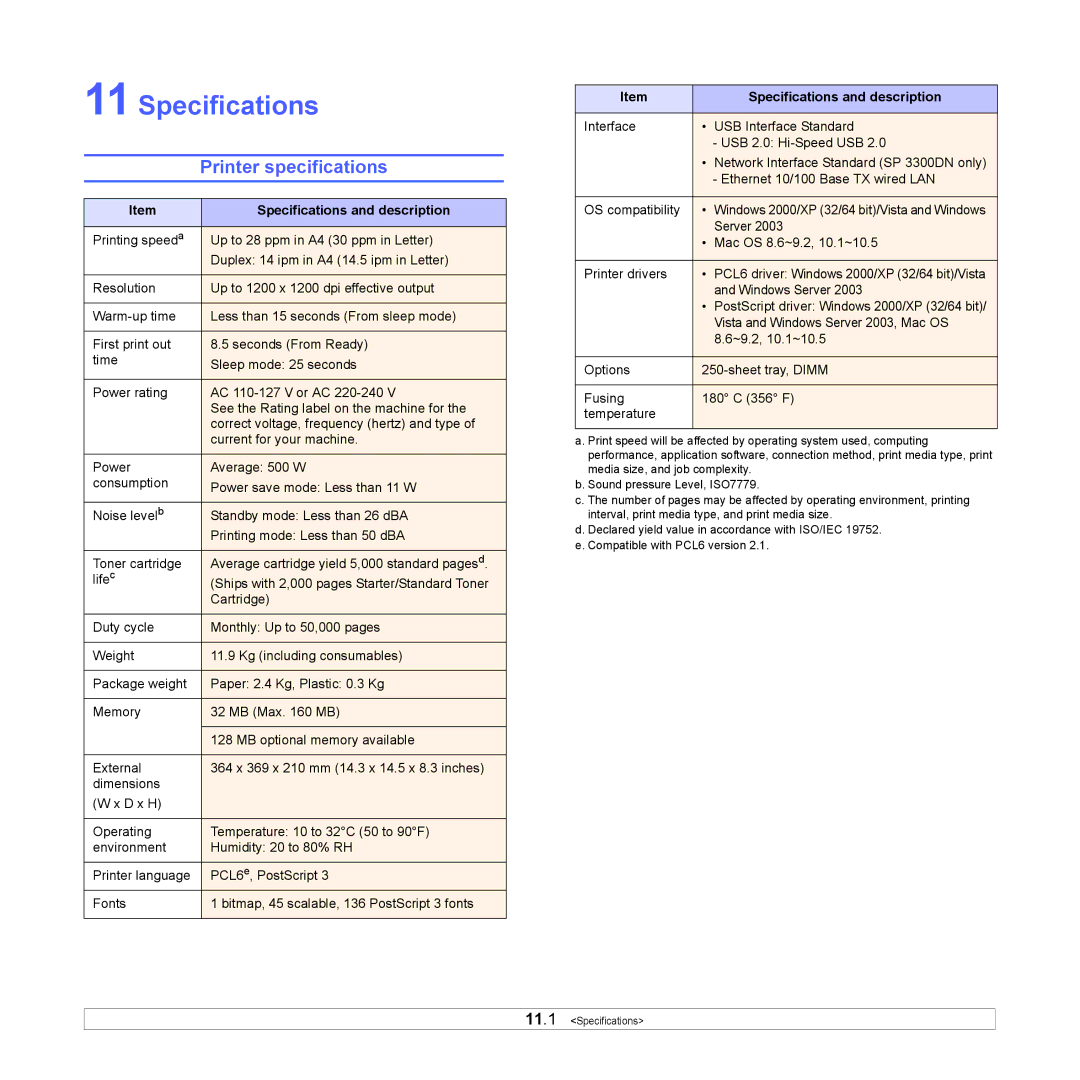 HP SP 3300 manual Printer specifications, Specifications and description 