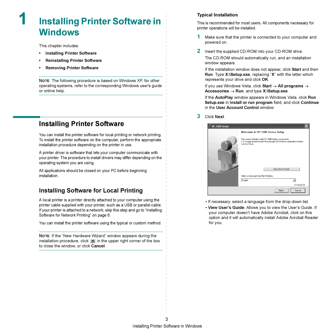 HP SP 3300 manual Installing Printer Software in Windows, Installing Software for Local Printing, Typical Installation 