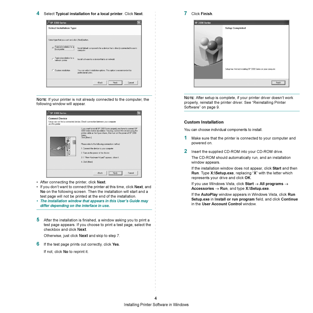 HP SP 3300 manual Custom Installation, Select Typical installation for a local printer. Click Next 