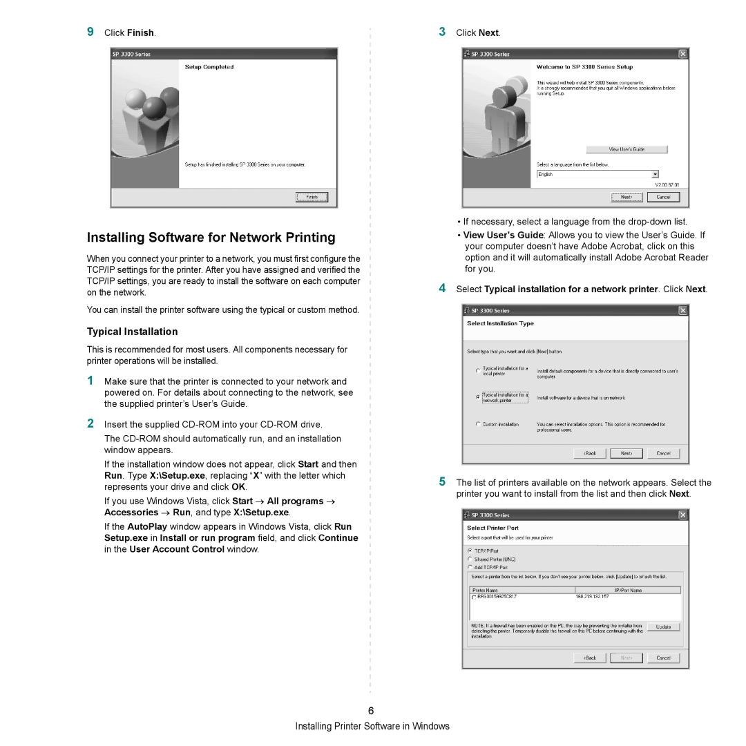 HP SP 3300 manual Installing Software for Network Printing, Typical Installation 