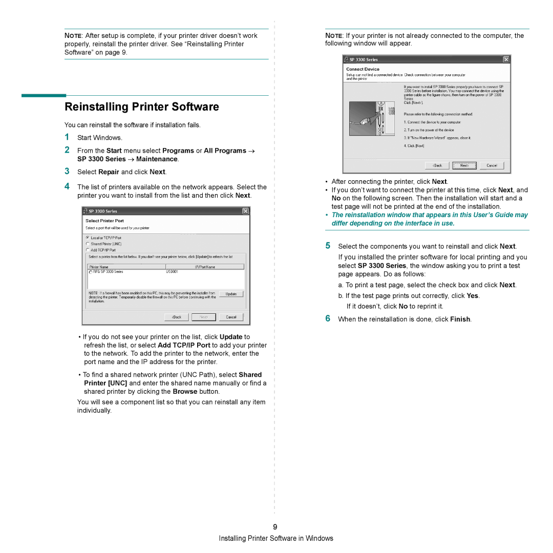 HP SP 3300 manual Reinstalling Printer Software 