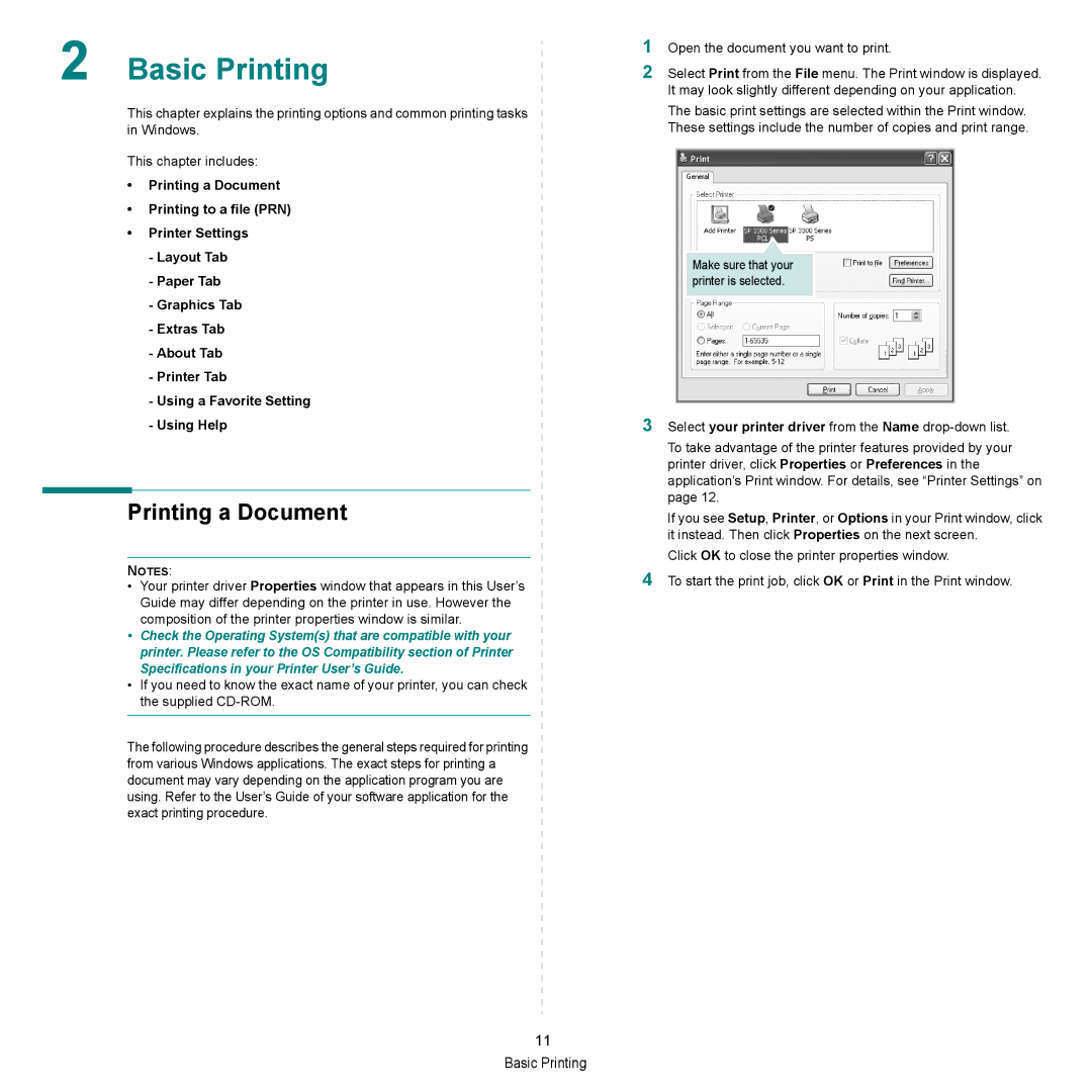 HP SP 3300 manual Basic Printing, Printing a Document 