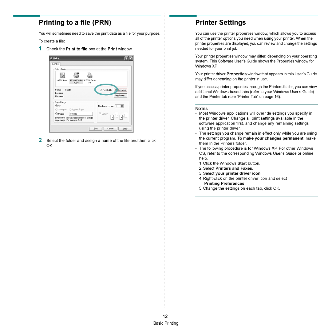 HP SP 3300 manual Printing to a file PRN, Printer Settings, Select Printers and Faxes Select your printer driver icon 