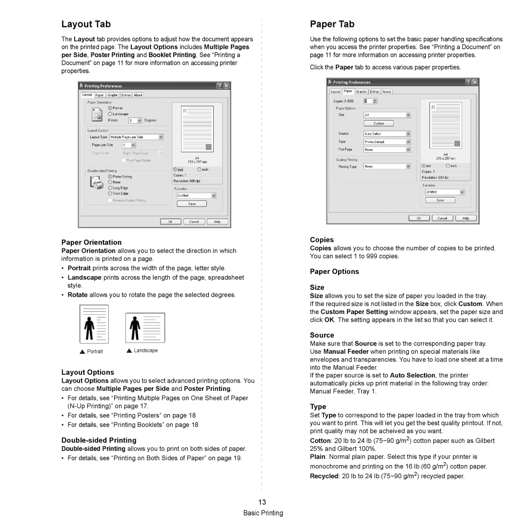 HP SP 3300 manual Layout Tab, Paper Tab 