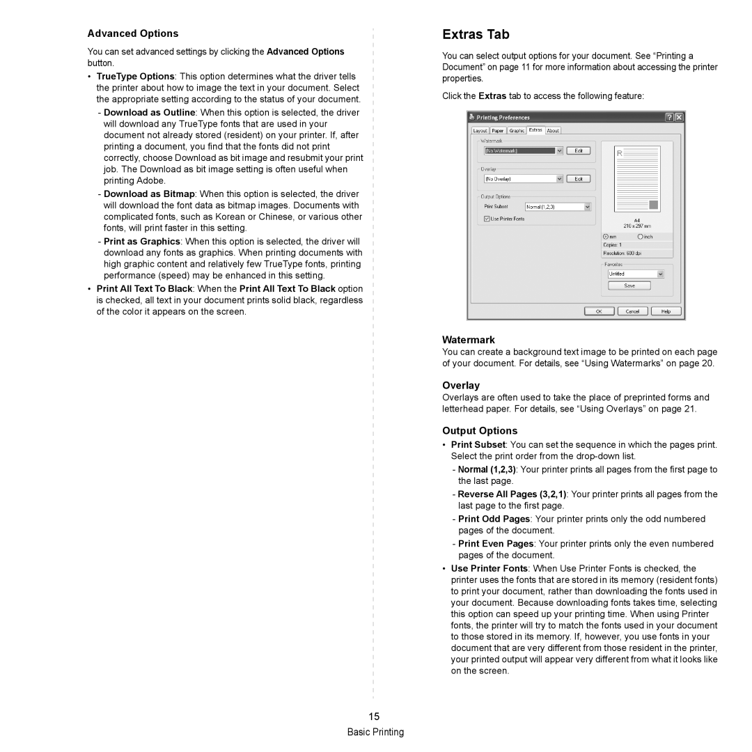 HP SP 3300 manual Extras Tab, Advanced Options, Watermark, Overlay, Output Options 