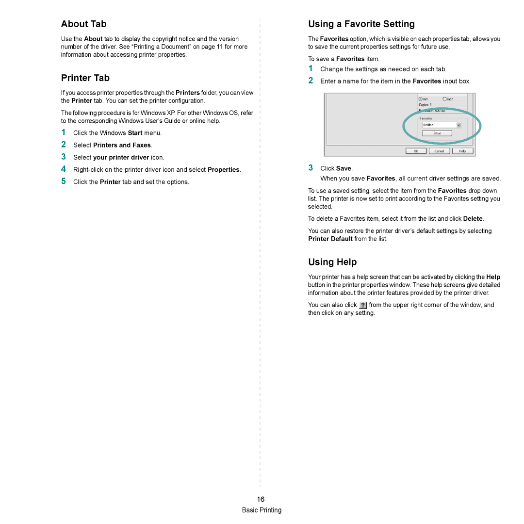 HP SP 3300 manual About Tab, Printer Tab, Using a Favorite Setting, Using Help 