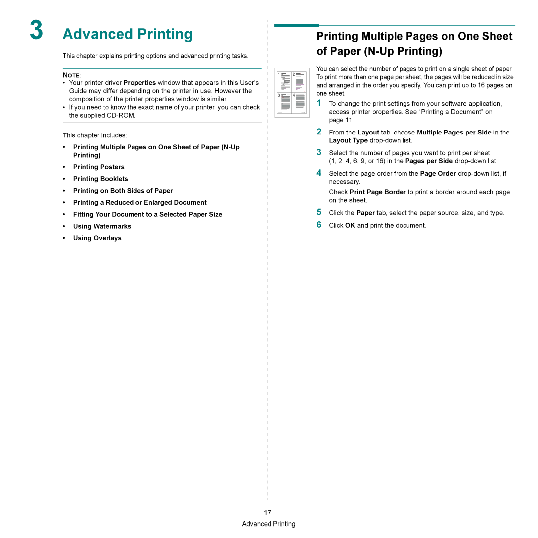 HP SP 3300 manual Advanced Printing, Printing Multiple Pages on One Sheet of Paper N-Up Printing 