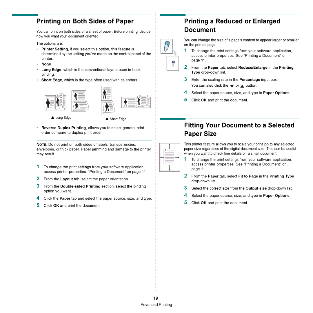 HP SP 3300 manual Printing on Both Sides of Paper, Printing a Reduced or Enlarged Document, None 