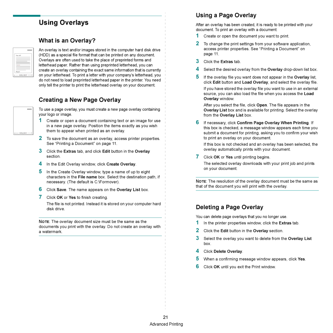 HP SP 3300 Using Overlays, What is an Overlay?, Using a Page Overlay, Creating a New Page Overlay, Deleting a Page Overlay 