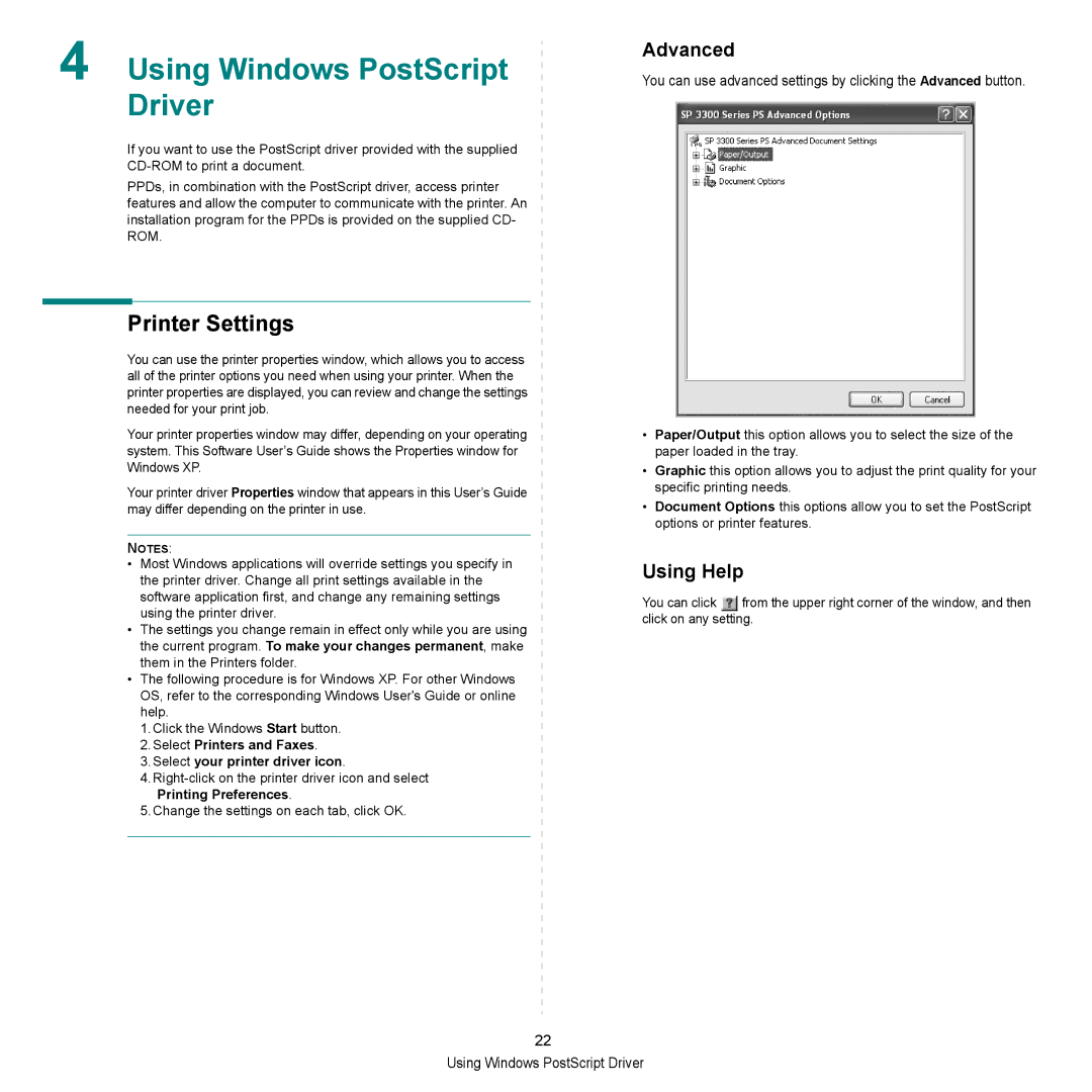 HP SP 3300 manual Using Windows PostScript Driver, Advanced 
