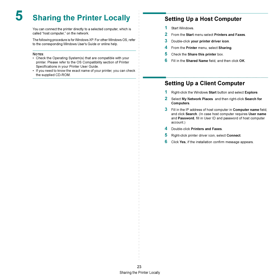 HP SP 3300 manual Sharing the Printer Locally, Setting Up a Host Computer, Setting Up a Client Computer 