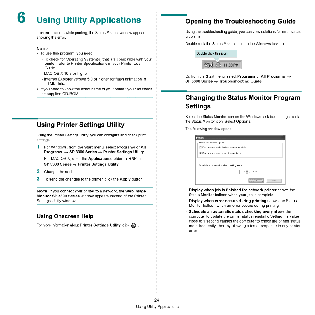 HP SP 3300 manual Using Utility Applications, Using Printer Settings Utility, Opening the Troubleshooting Guide 