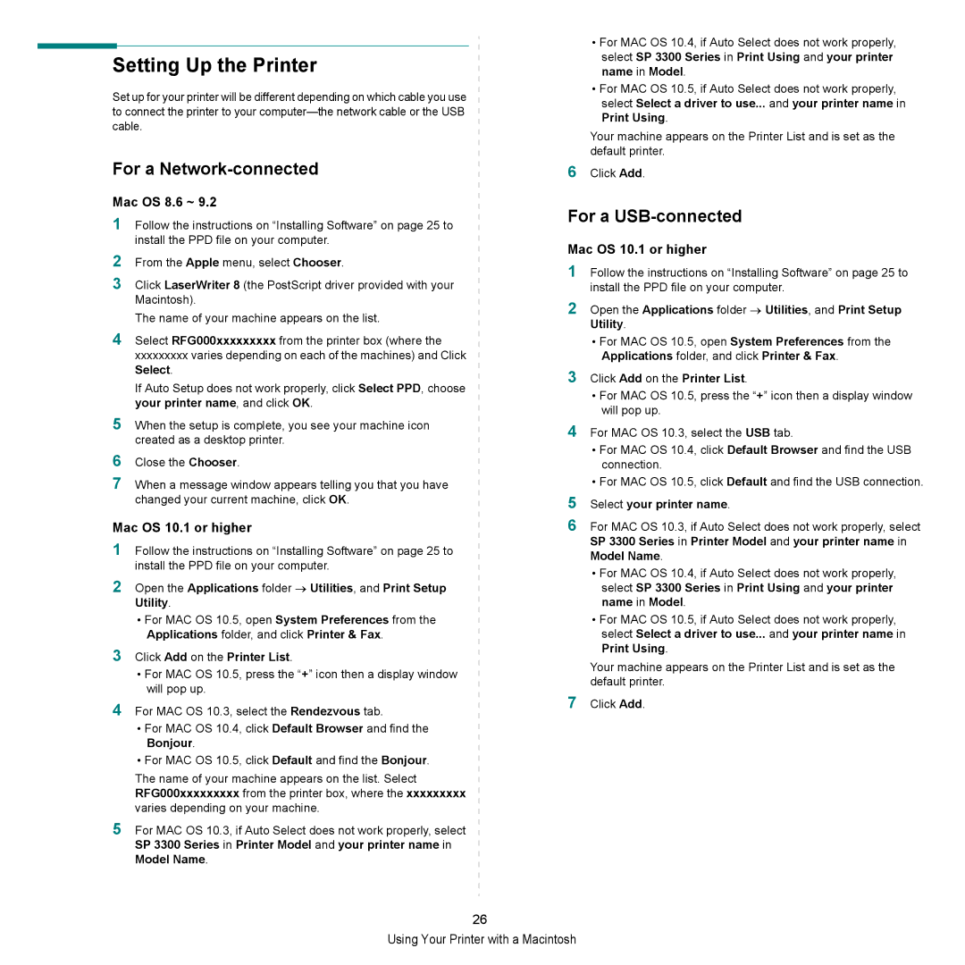 HP SP 3300 manual Setting Up the Printer, For a Network-connected, For a USB-connected, Mac OS 8.6 ~, Mac OS 10.1 or higher 