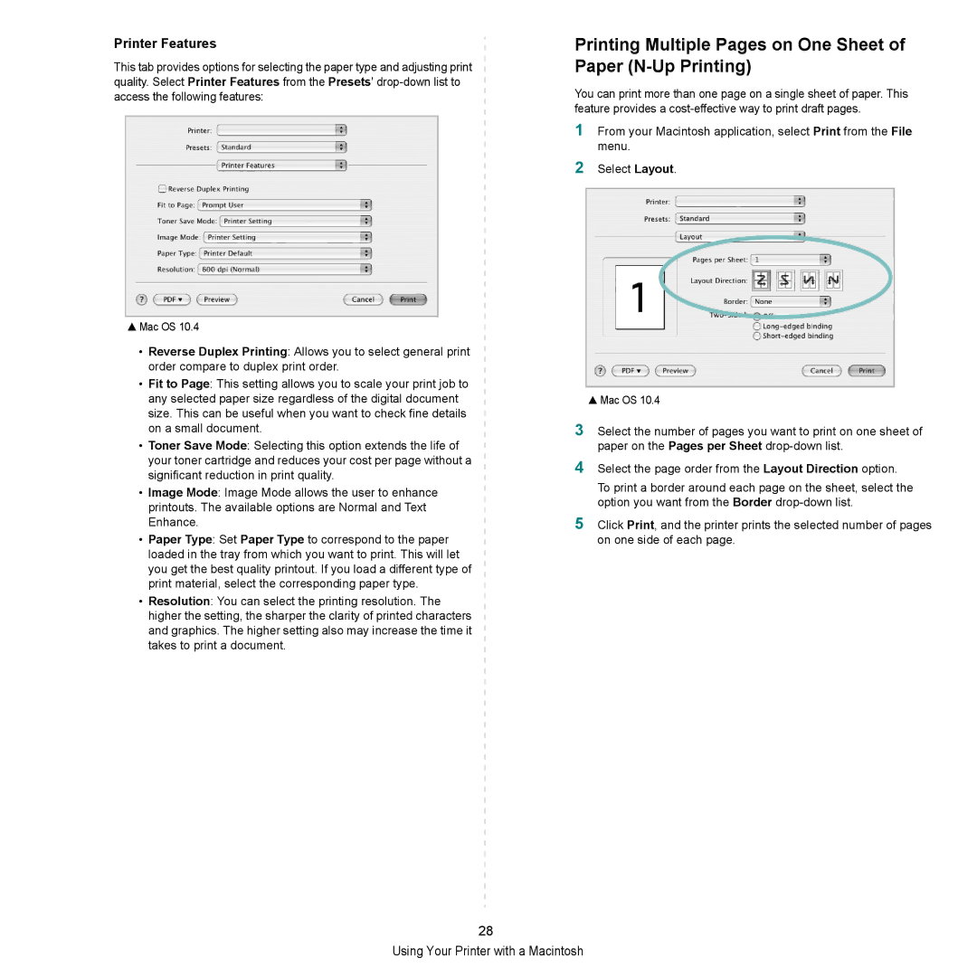 HP SP 3300 manual Printing Multiple Pages on One Sheet of Paper N-Up Printing, Printer Features 