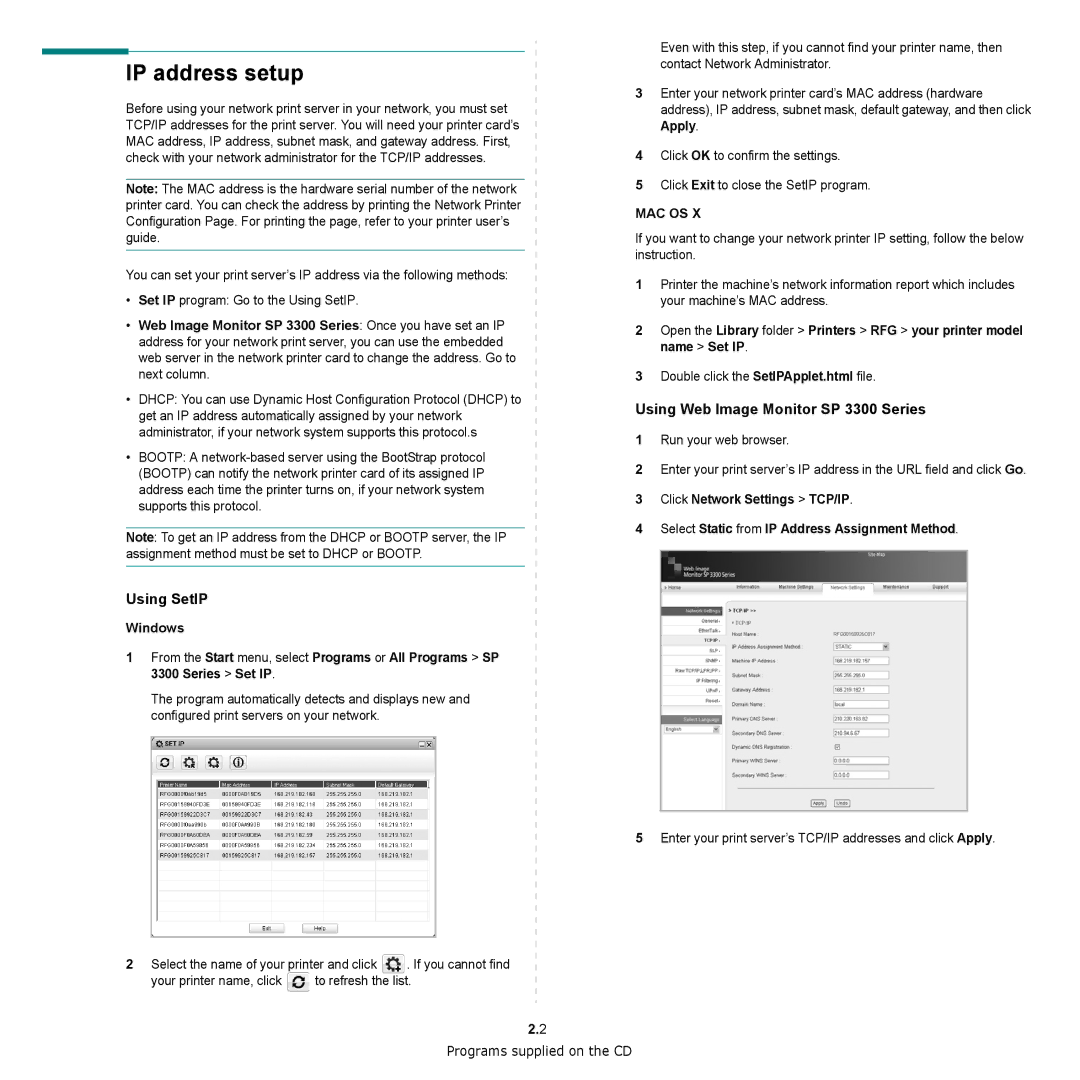 HP manual IP address setup, Using SetIP, Using Web Image Monitor SP 3300 Series 