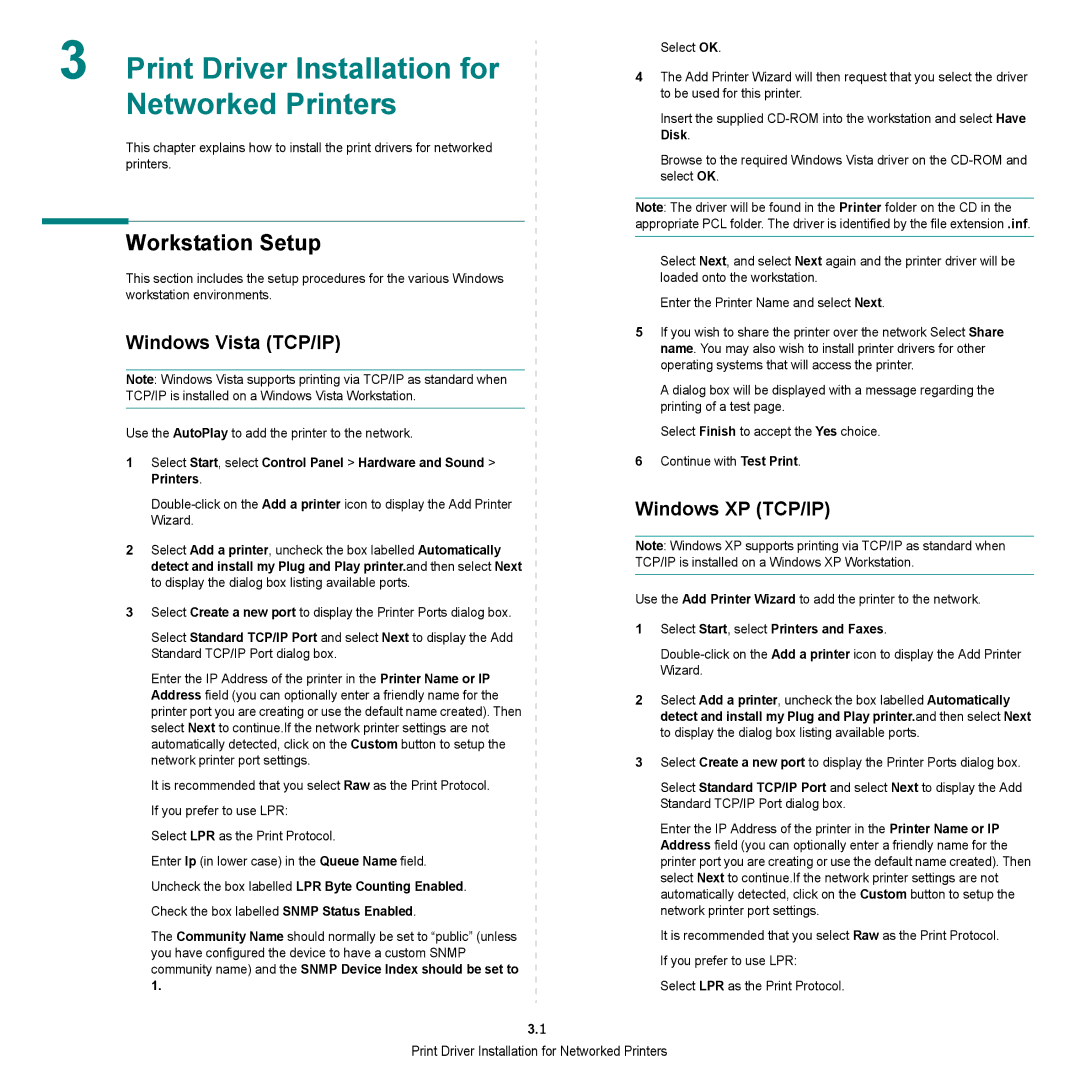 HP SP 3300 Print Driver Installation for Networked Printers, Workstation Setup, Windows Vista TCP/IP, Windows XP TCP/IP 