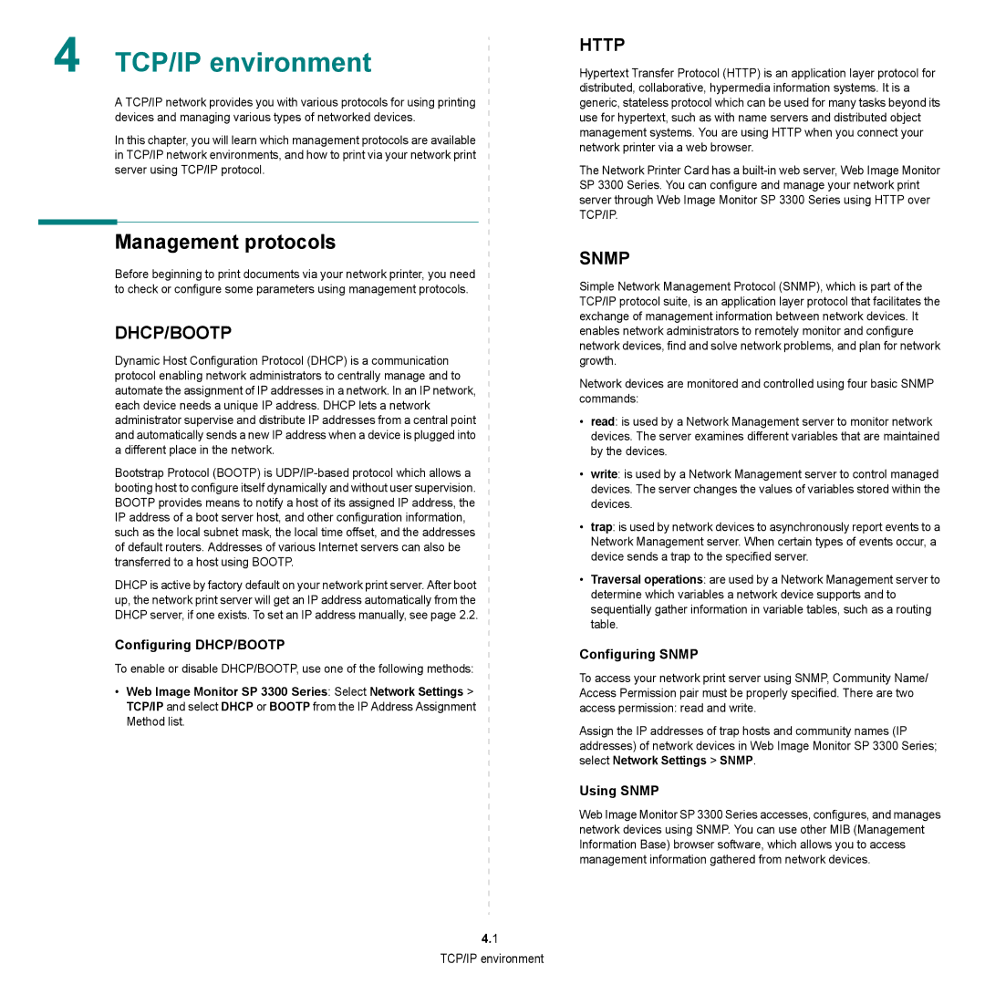 HP SP 3300 manual TCP/IP environment, Management protocols, Configuring DHCP/BOOTP, Configuring Snmp, Using Snmp 