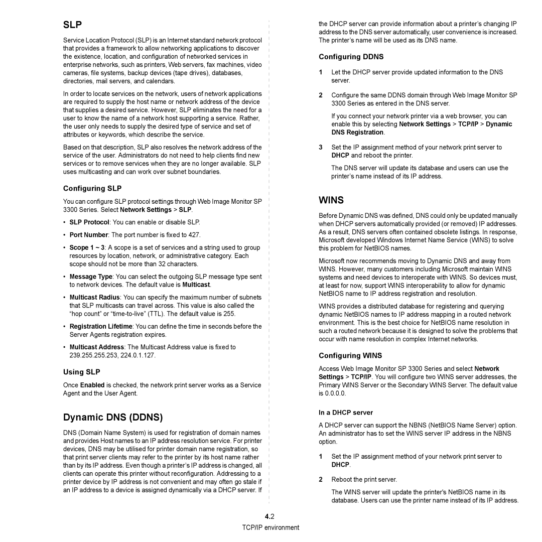 HP SP 3300 manual Dynamic DNS Ddns, Configuring SLP, Using SLP, Configuring Ddns, Configuring Wins 