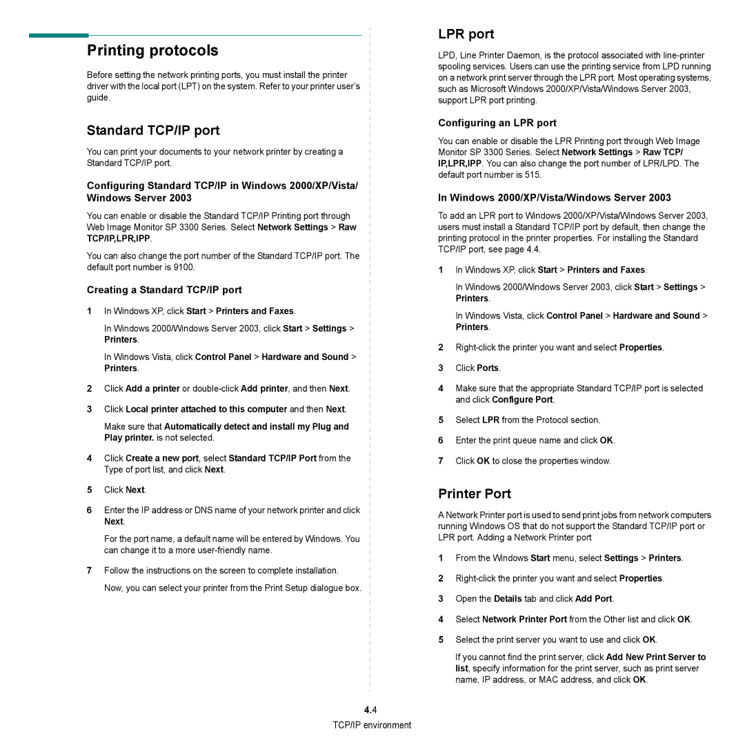 HP SP 3300 manual Printing protocols, Standard TCP/IP port, LPR port, Printer Port 