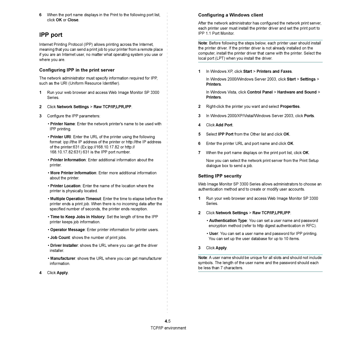 HP SP 3300 manual IPP port, Configuring IPP in the print server, Configuring a Windows client, Setting IPP security 