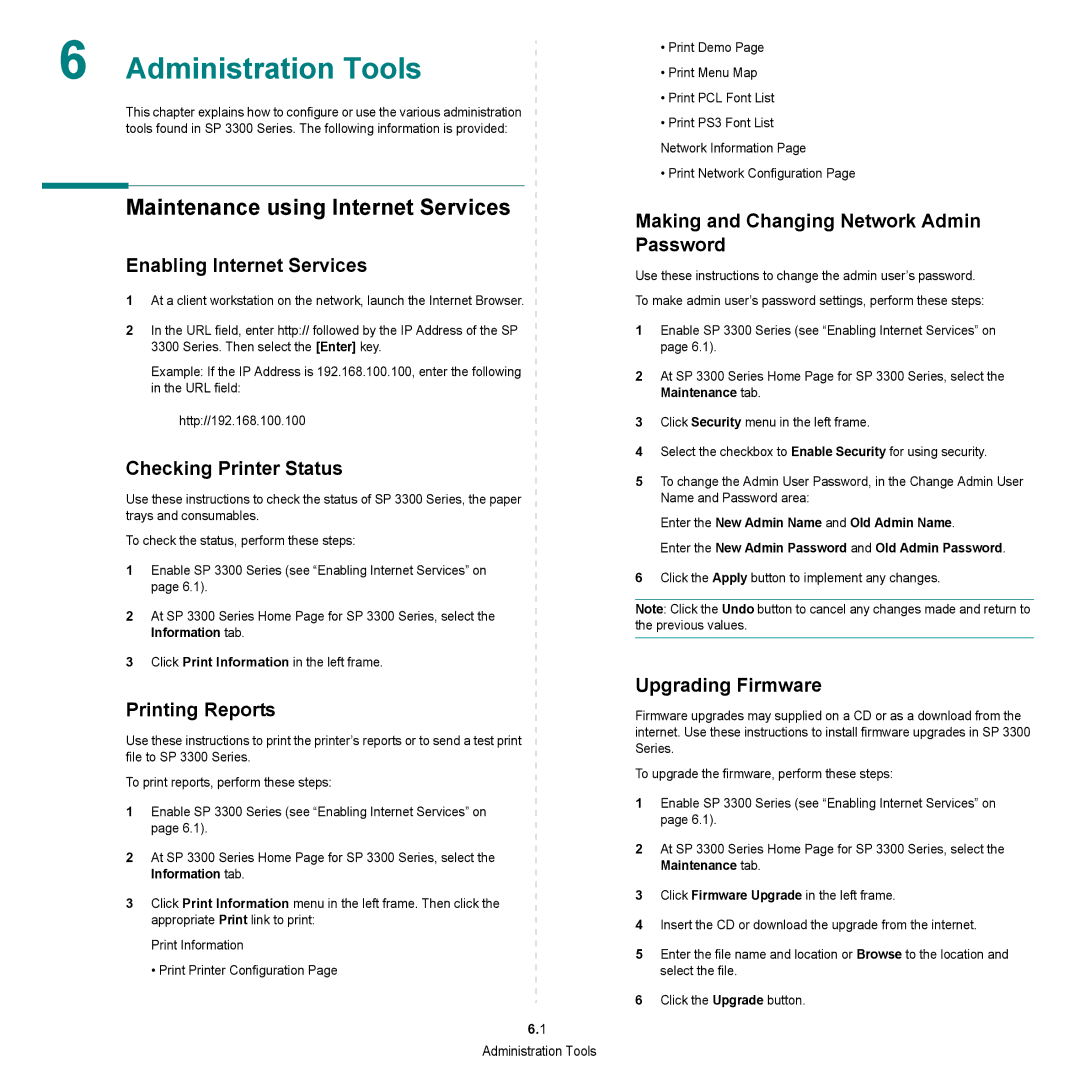 HP SP 3300 manual Administration Tools, Maintenance using Internet Services 