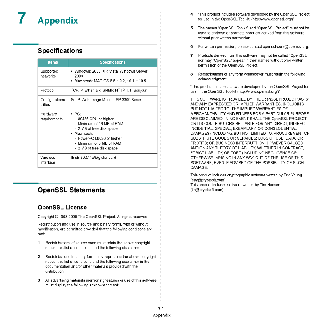 HP SP 3300 manual Appendix, Specifications, OpenSSL Statements, OpenSSL License 