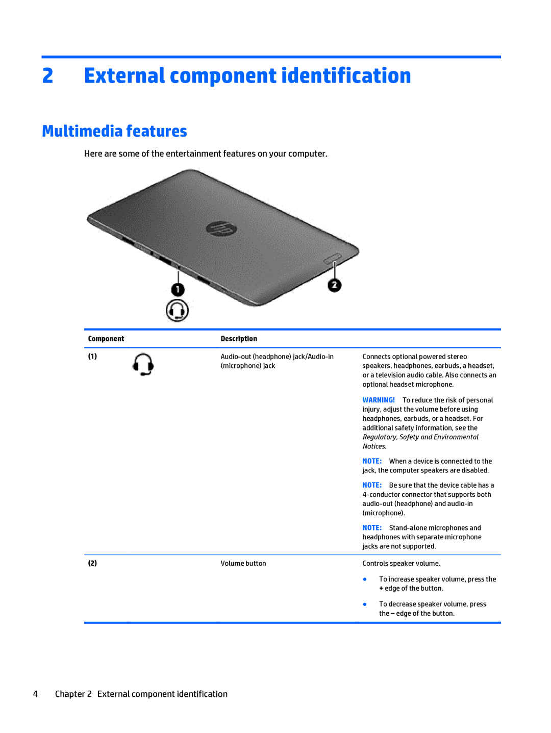 HP Split 13 x2 E0W59UARABA manual External component identification, Multimedia features, Component Description 