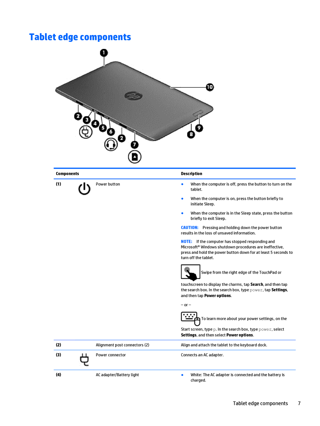 HP Split 13 x2 E0W59UARABA manual Tablet edge components, Components Description, Settings , and then select Power options 