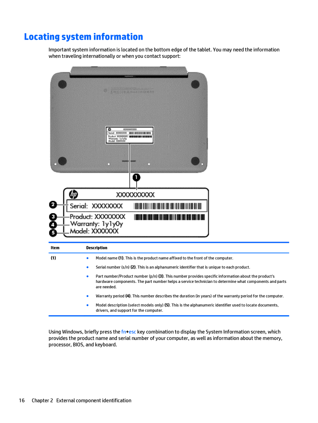 HP Split 13 x2 E0W59UARABA manual Locating system information, ItemDescription 