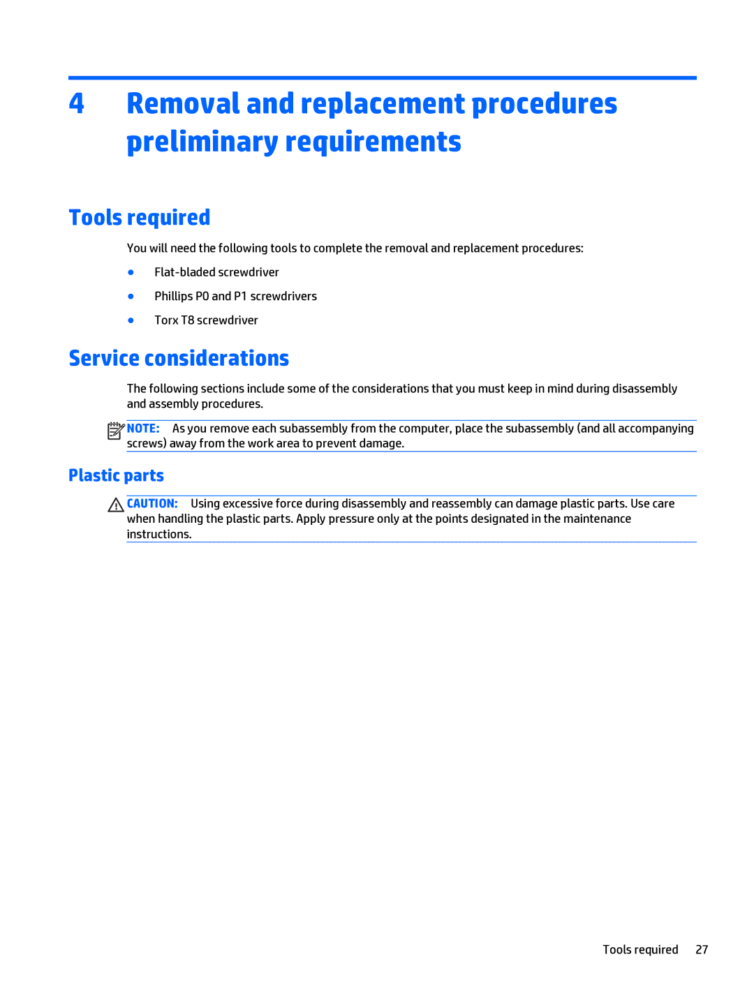 HP Split 13 x2 E0W59UARABA manual Tools required, Service considerations, Plastic parts 