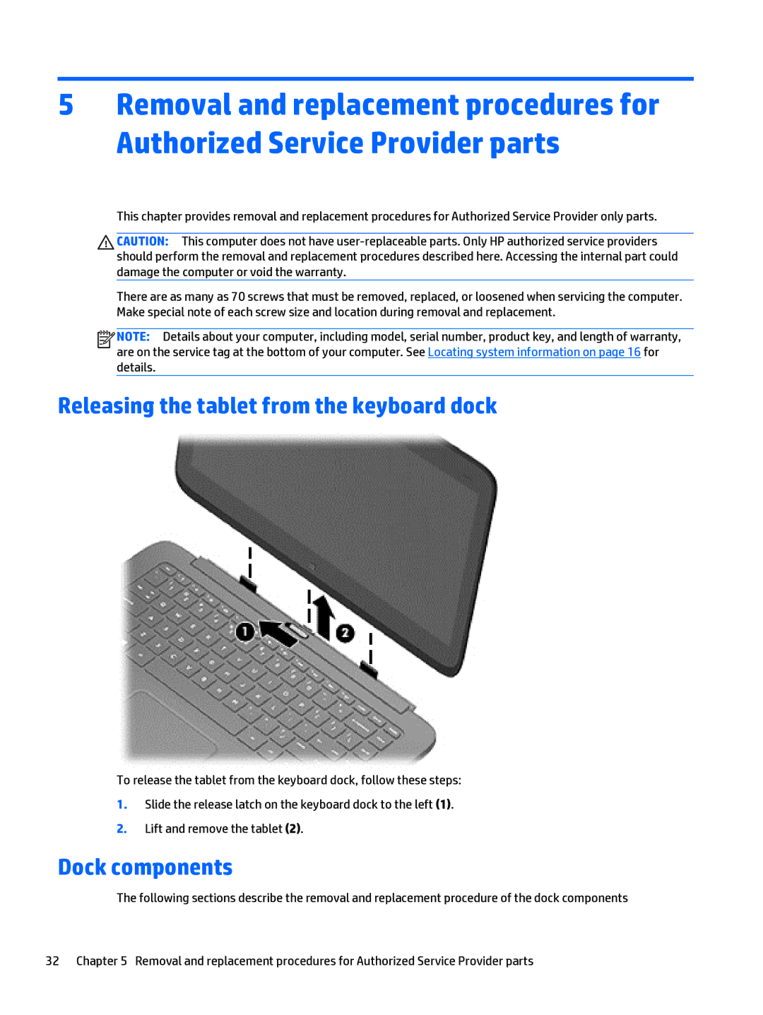 HP Split 13 x2 E0W59UARABA manual Releasing the tablet from the keyboard dock, Dock components 