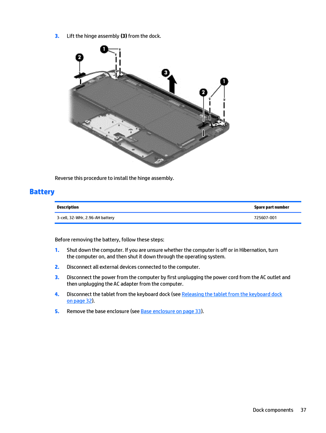 HP Split 13 x2 E0W59UARABA manual Battery, Description Spare part number 