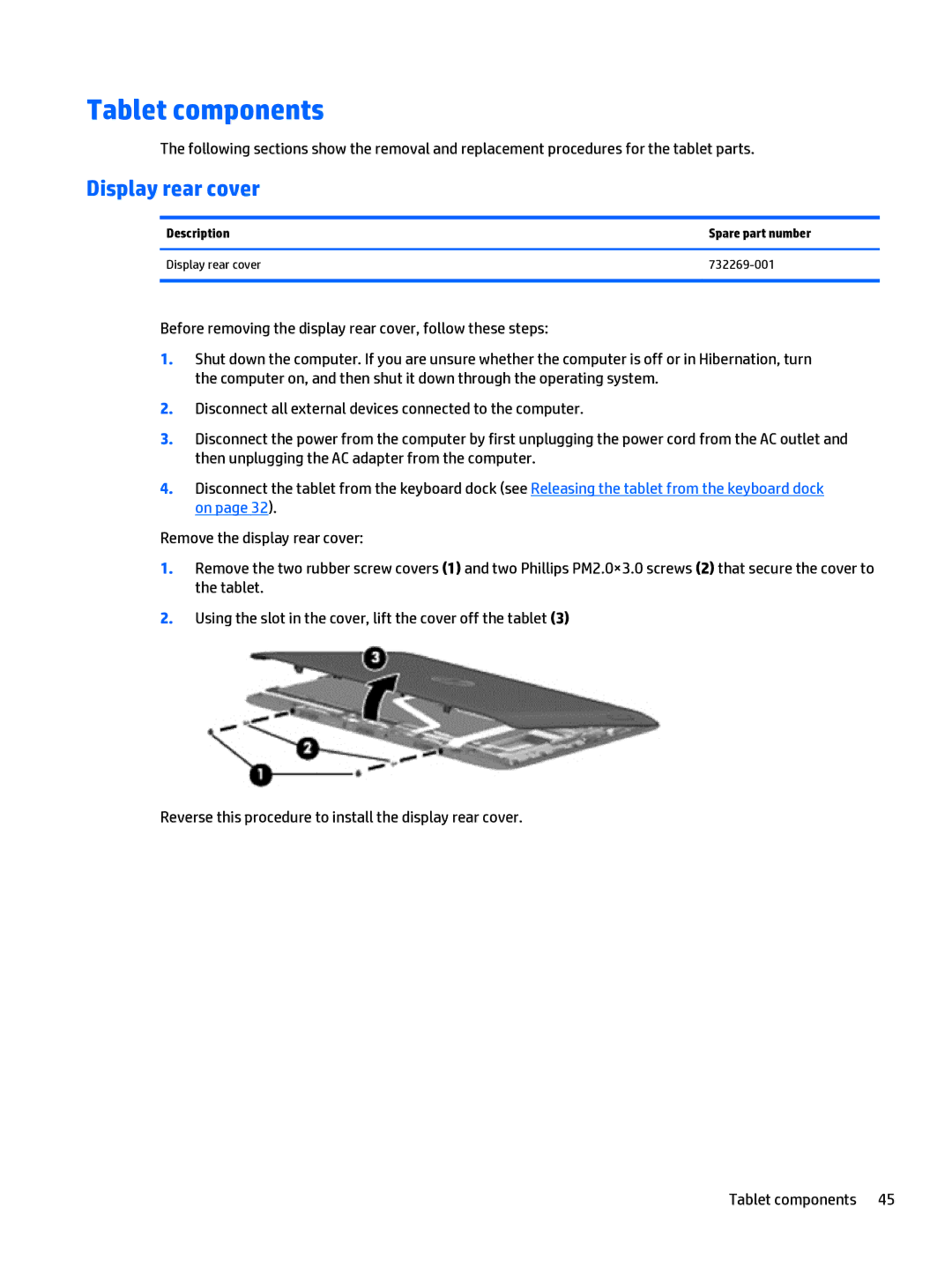 HP Split 13 x2 E0W59UARABA manual Description Spare part number Display rear cover 732269-001 