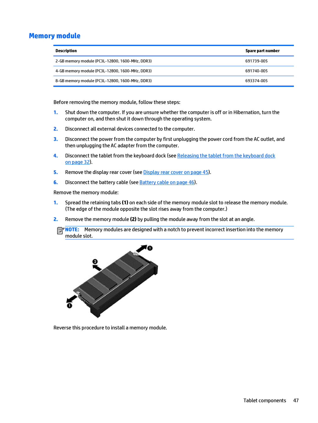 HP Split 13 x2 E0W59UARABA manual Memory module, Description Spare part number 