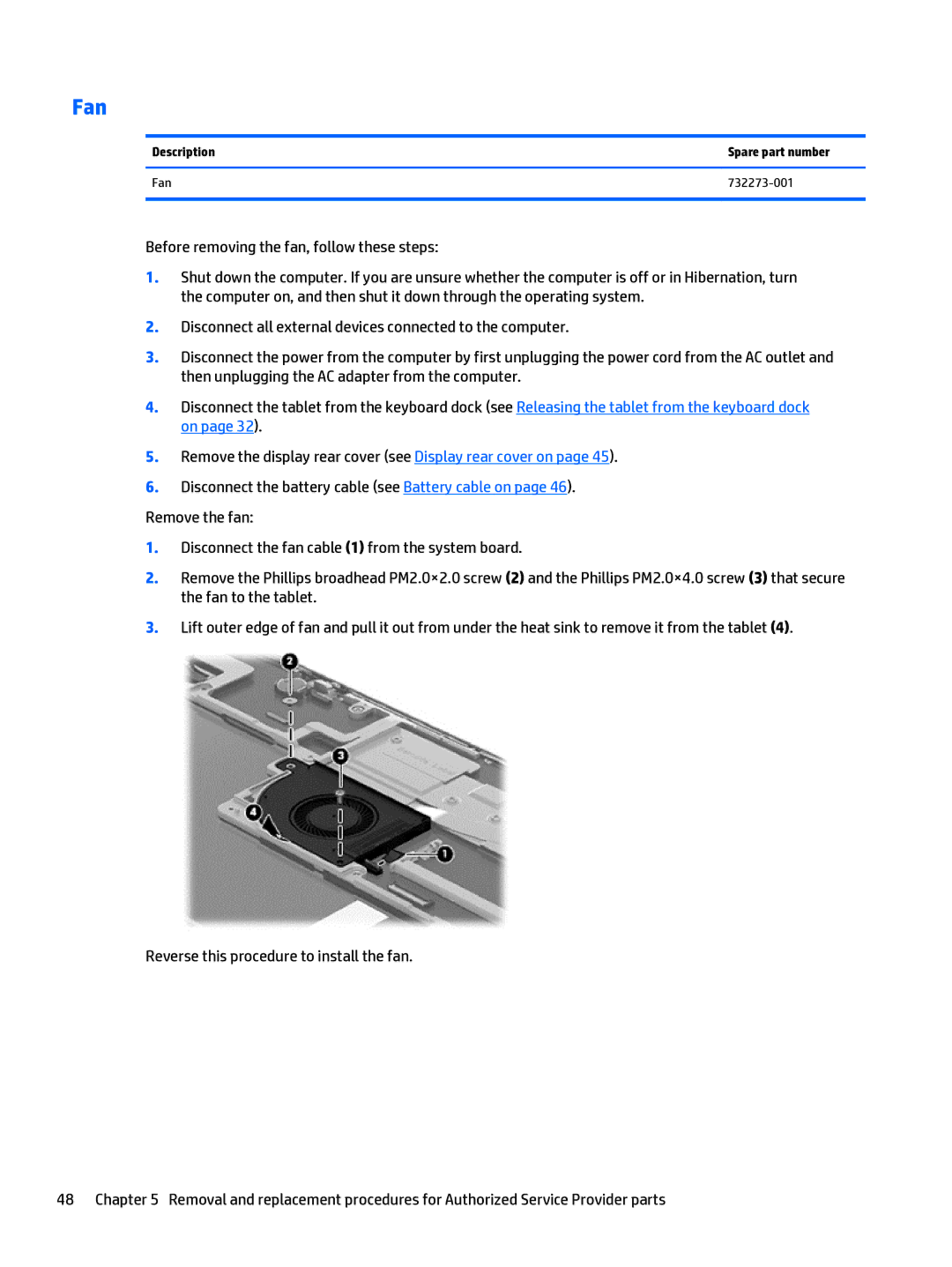 HP Split 13 x2 E0W59UARABA manual Description Spare part number Fan 732273-001 