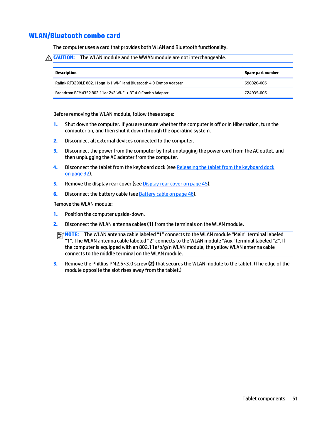 HP Split 13 x2 E0W59UARABA manual WLAN/Bluetooth combo card, Description Spare part number 